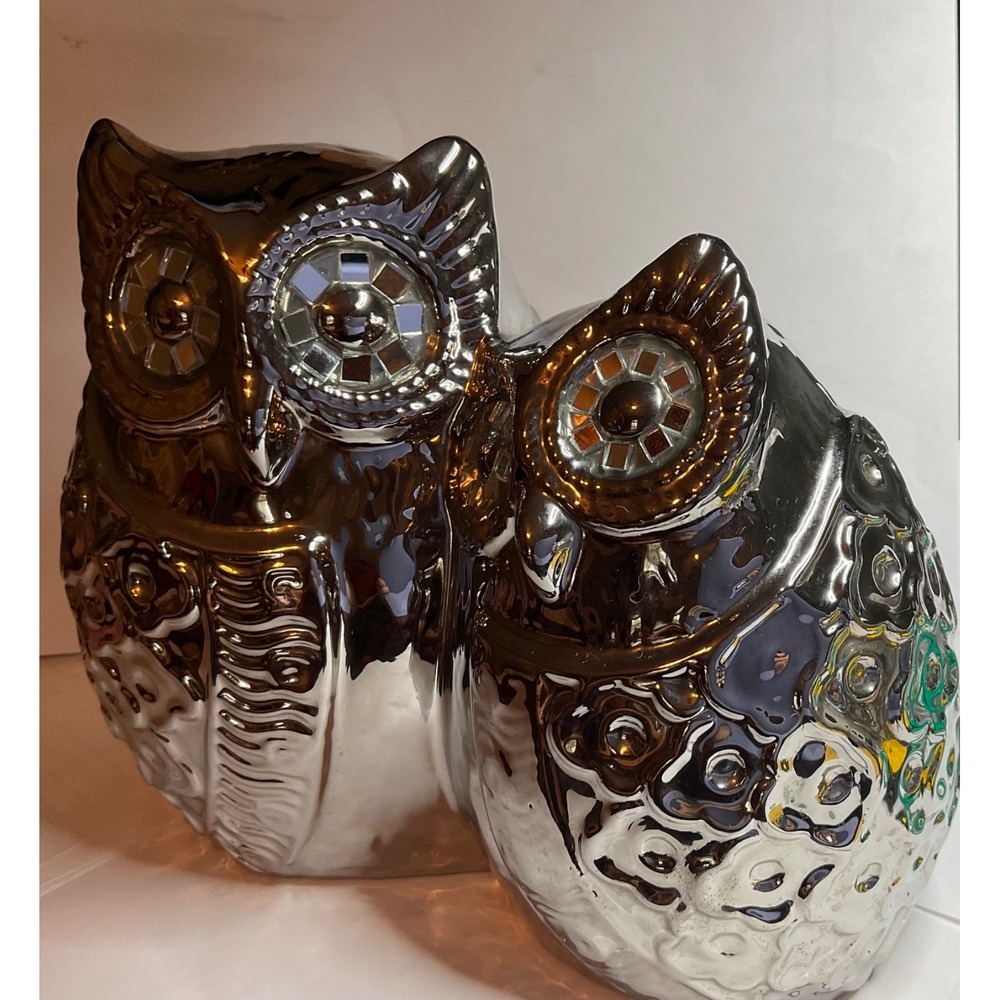 Chrome-Silver Double Owl Couple Figurine Mirrored,High-Shine Glazed Mosaic Eyes - Picture 3 of 8
